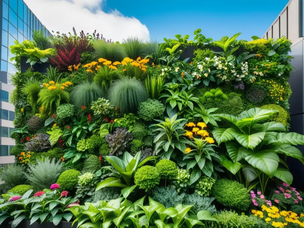 Un jardín vertical exuberante y biodiverso en la ciudad, con polinizadores y flores vibrantes