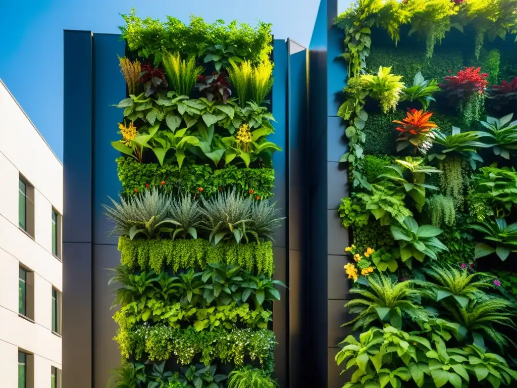 Un jardín vertical exuberante y detallado en un edificio urbano moderno, con beneficios huertos verticales urbanos