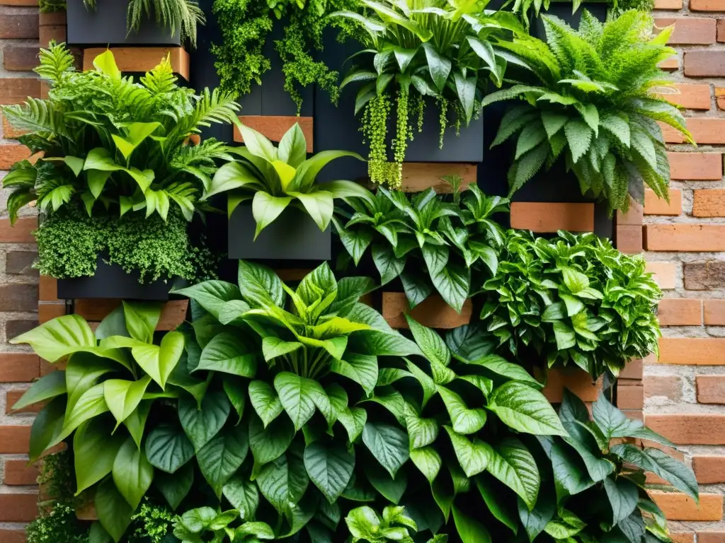 Un jardín vertical exuberante y detallado con plantas vibrantes