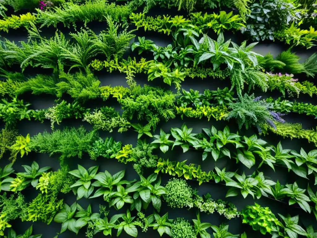 Un jardín vertical exuberante y detallado con plantas aromáticas como albahaca, menta y romero