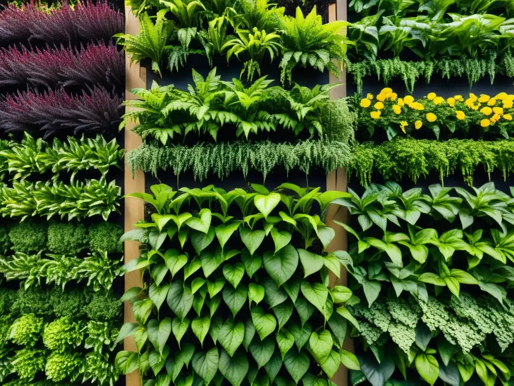 Un jardín vertical exuberante y detallado destaca la prevención de plagas, con plantas saludables y sistemas de riego, suelo y medidas de prevención