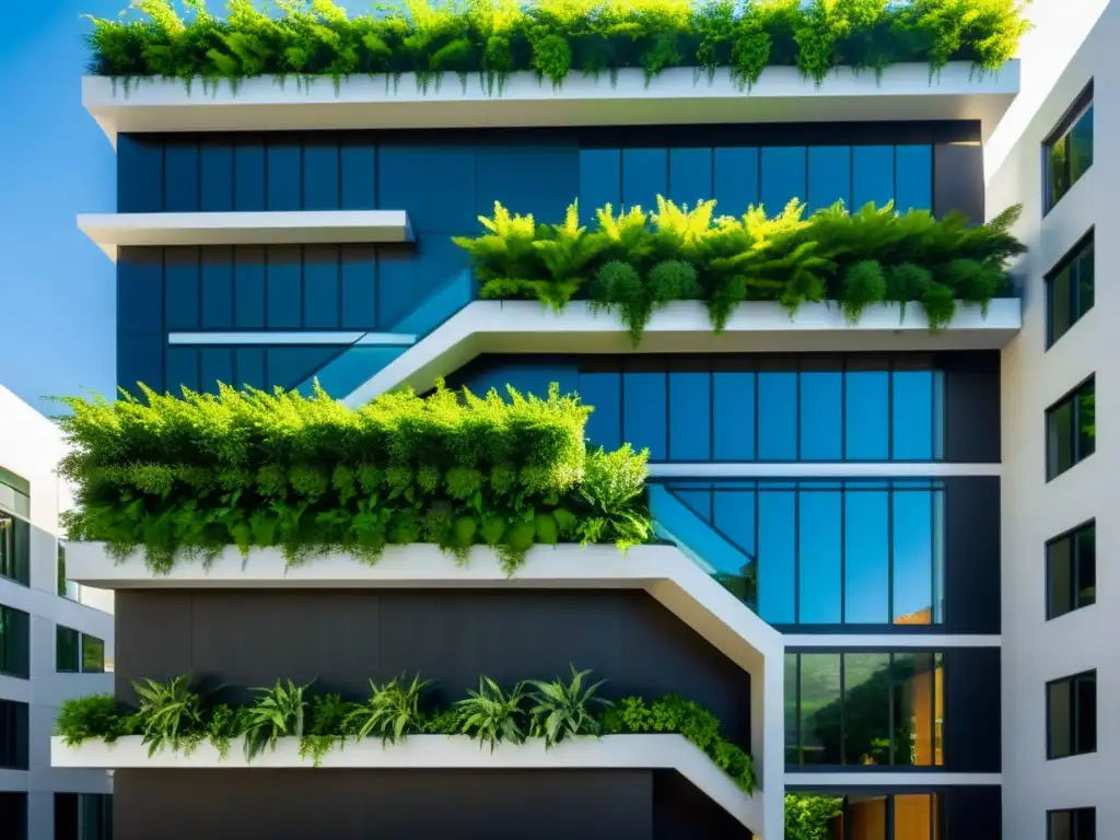 Un jardín vertical exuberante en un edificio moderno con tecnología de riego para huertos verticales urbanos