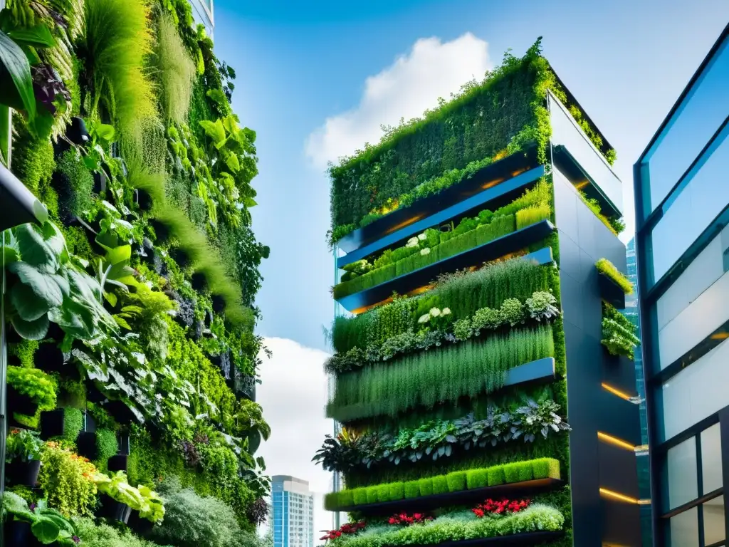 Un jardín vertical exuberante cubre un edificio moderno en la ciudad, reflejando un contraste entre la naturaleza y el entorno urbano