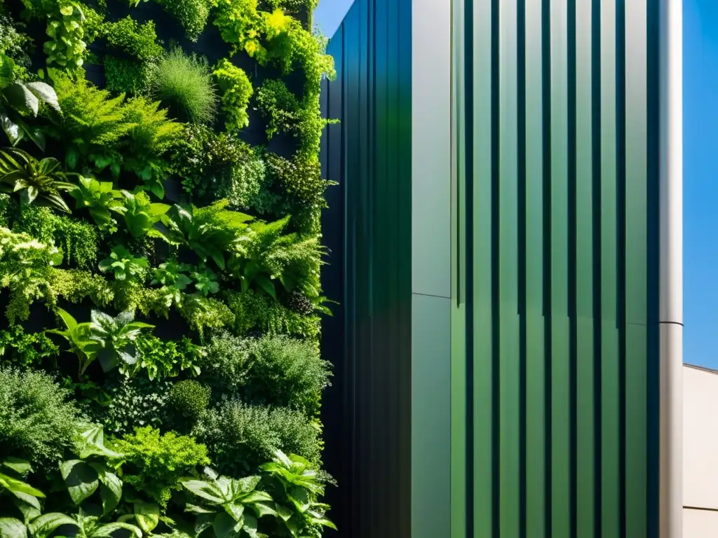 Un jardín vertical exuberante en un edificio urbano moderno, con plantas verdes vibrantes que crean una sinfonía de belleza natural