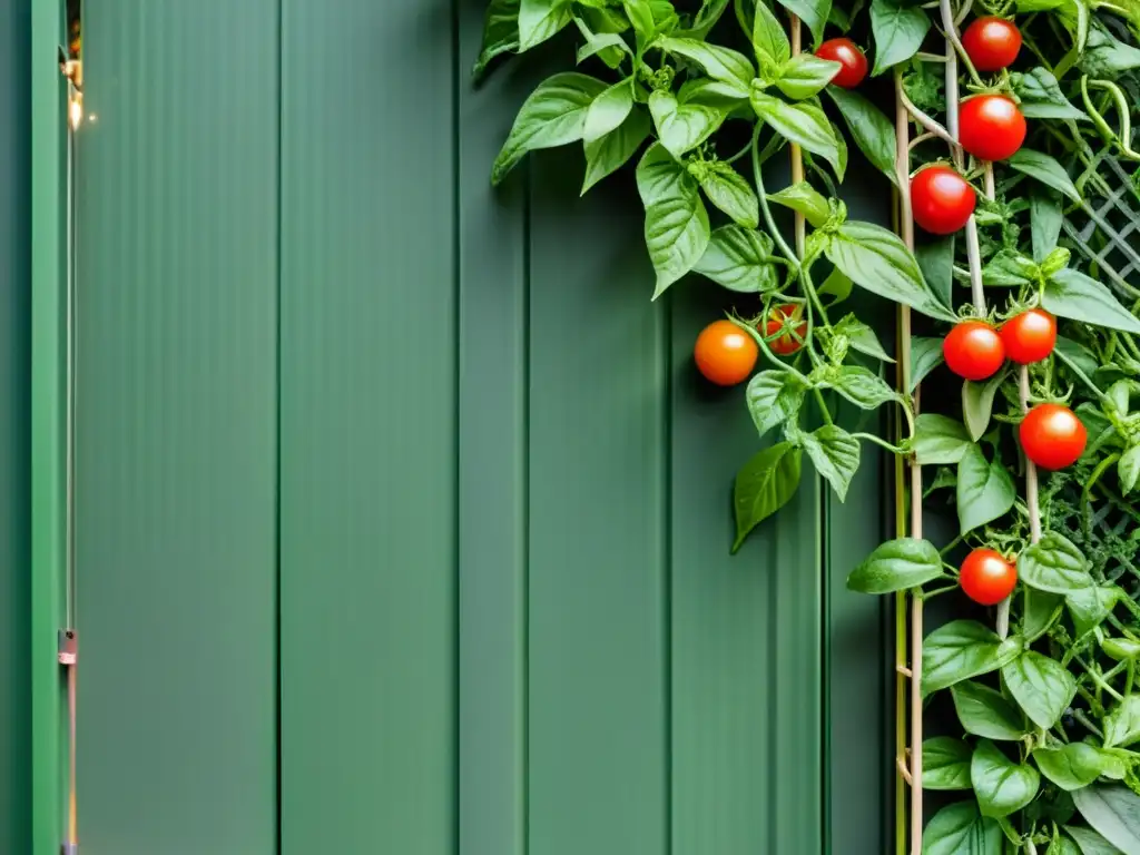 Un jardín vertical exuberante con enredaderas comestibles cultivado en un entorno urbano, vibrante y sofisticado