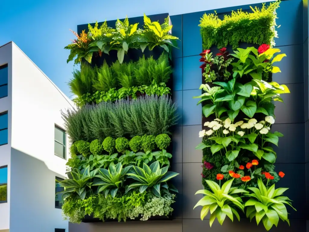 Un jardín vertical exuberante con vegetación frondosa, flores vibrantes y hierbas prósperas en maceteros apilados, junto a un edificio moderno