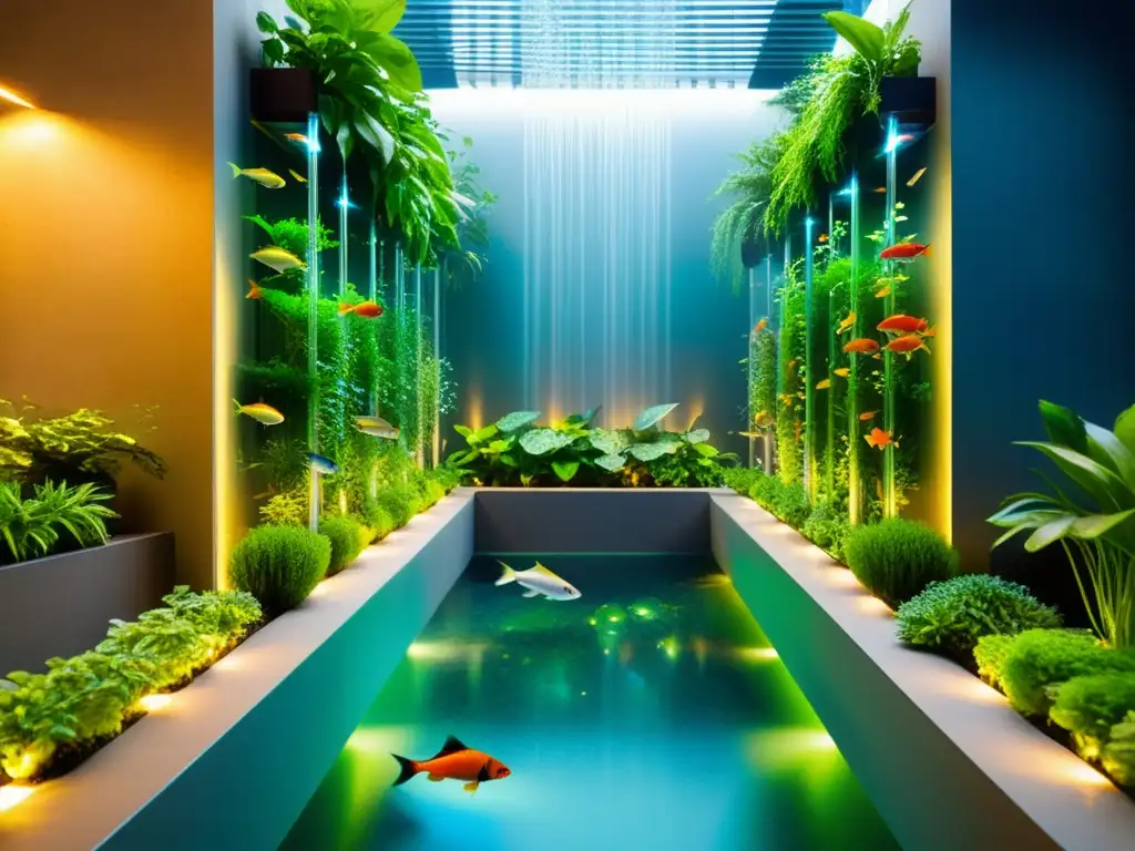 Un jardín vertical exuberante con acuaponía para huertos urbanos, plantas vibrantes y peces coloridos en agua clara