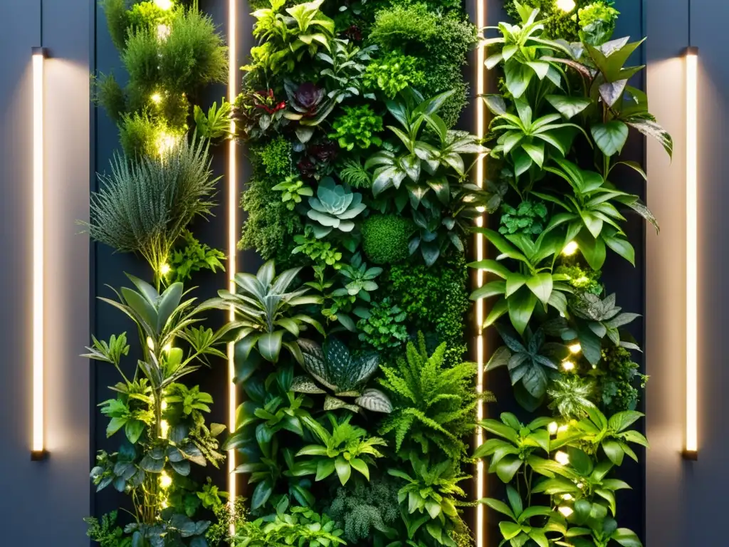 Un jardín vertical exuberante iluminado por luces LED solares, creando una escena visualmente impactante que transmite la iluminación eficiente para huertos verticales