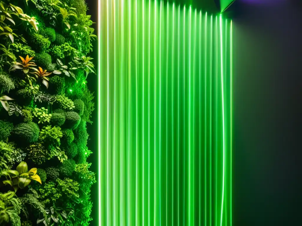 Un jardín vertical exuberante iluminado por luces LED modernas