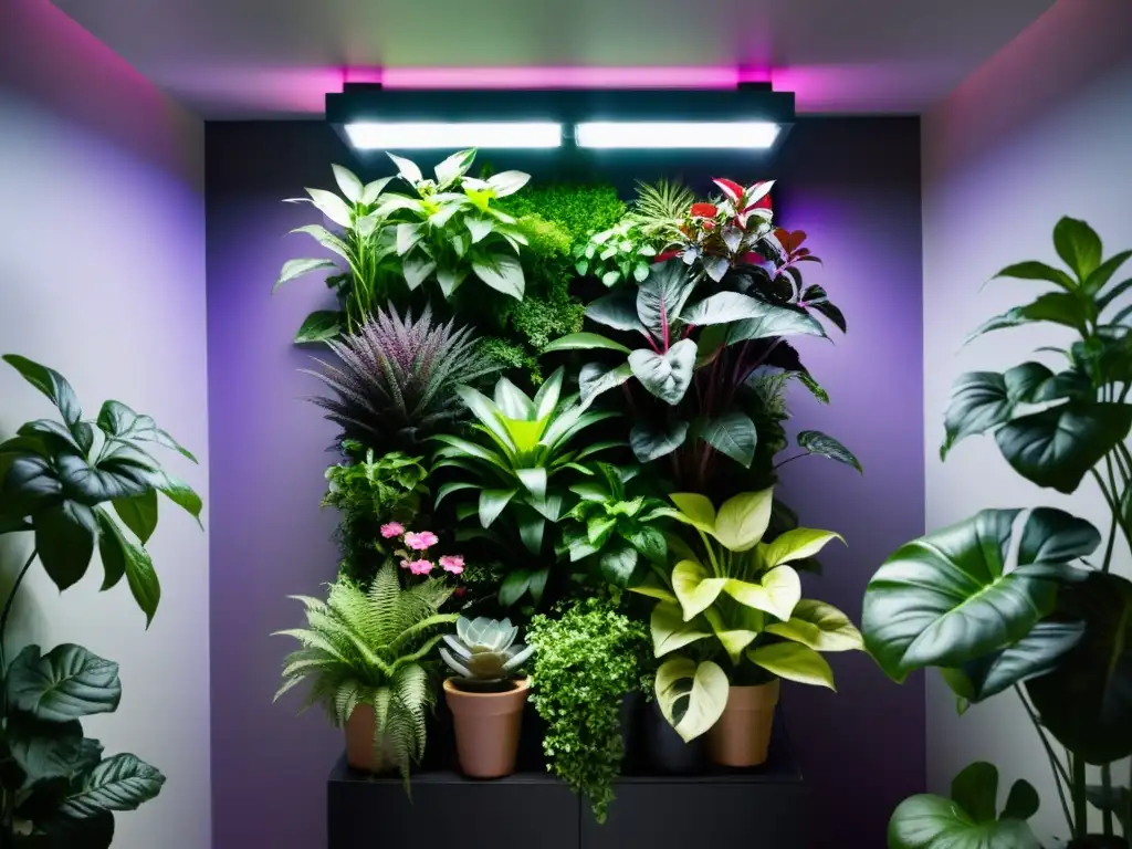 Un jardín vertical exuberante iluminado por modernas luces LED, proyectando un resplandor rosa y morado sobre la frondosa vegetación