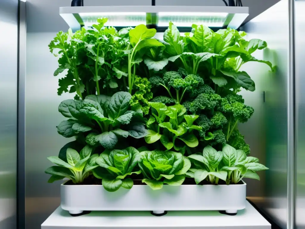 Jardín vertical exuberante con lechuga, kale y hierbas en sistema acuaponía para agricultura urbana, mostrando su frescura y vitalidad