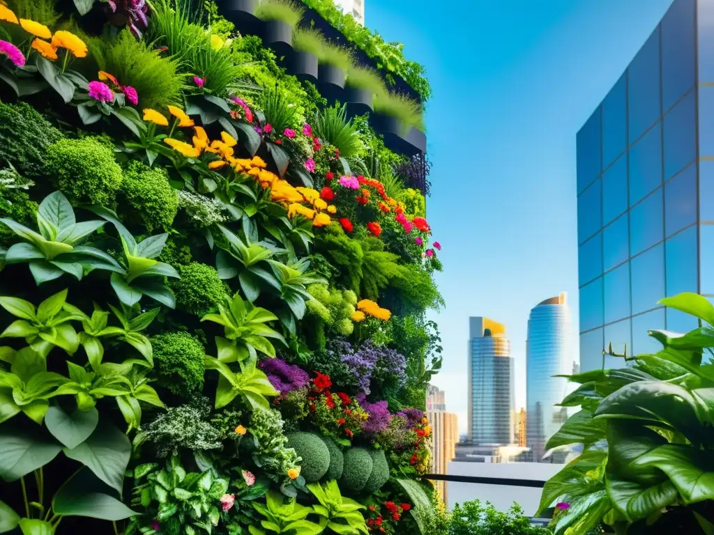 Un jardín vertical exuberante, lleno de plantas verdes y flores coloridas, en un entorno urbano moderno