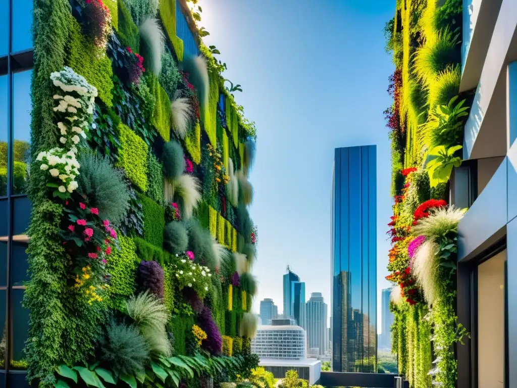 Un jardín vertical exuberante y moderno en una ciudad, con beneficios de sostenibilidad y huertos verticales