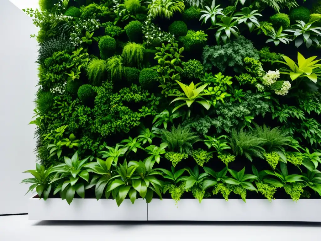 Un jardín vertical exuberante y moderno con plantas verdes vibrantes destacadas contra una pared blanca limpia