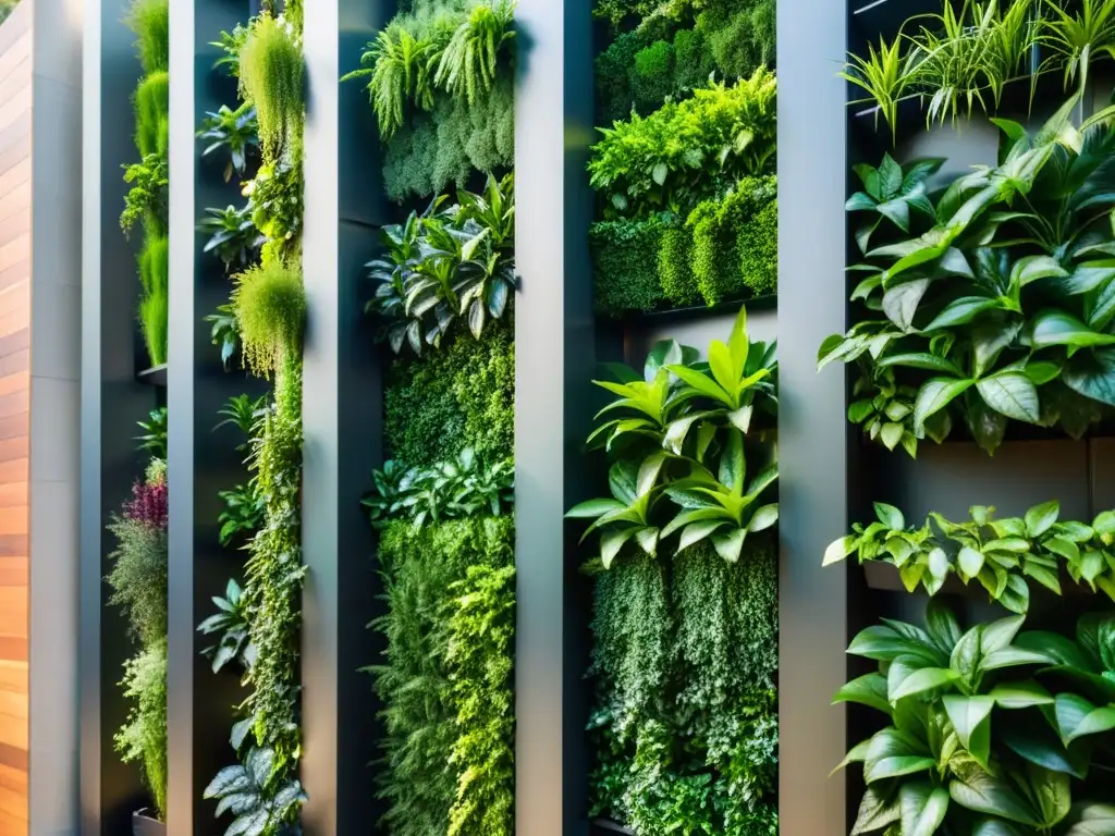 Un jardín vertical exuberante y moderno con plantas vibrantes y saludables en un sistema bien diseñado