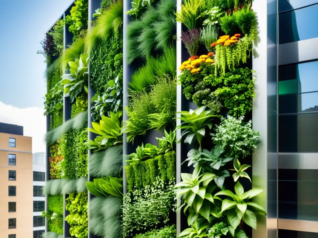 Un jardín vertical exuberante y moderno con plantas verdes vibrantes en cascada, mostrando vitaminas y minerales esenciales en un entorno urbano