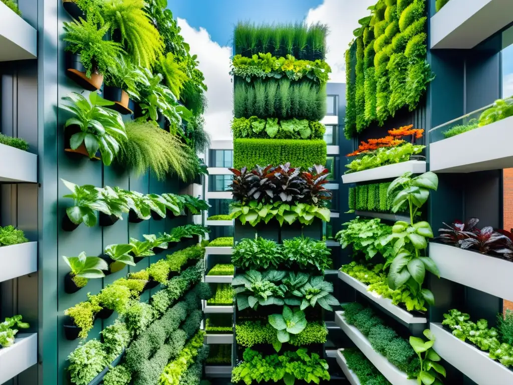 Un jardín vertical exuberante y moderno destaca entre rascacielos futuristas, resaltando los beneficios de la agricultura urbana