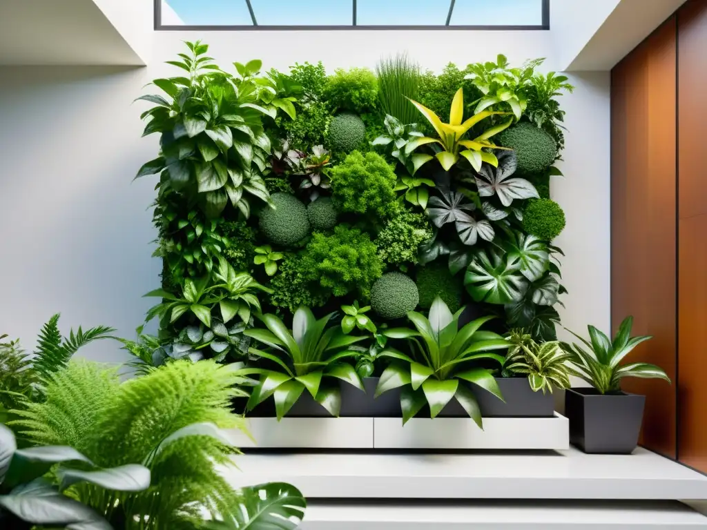 Un jardín vertical exuberante y moderno rodeado de líneas limpias y formas geométricas