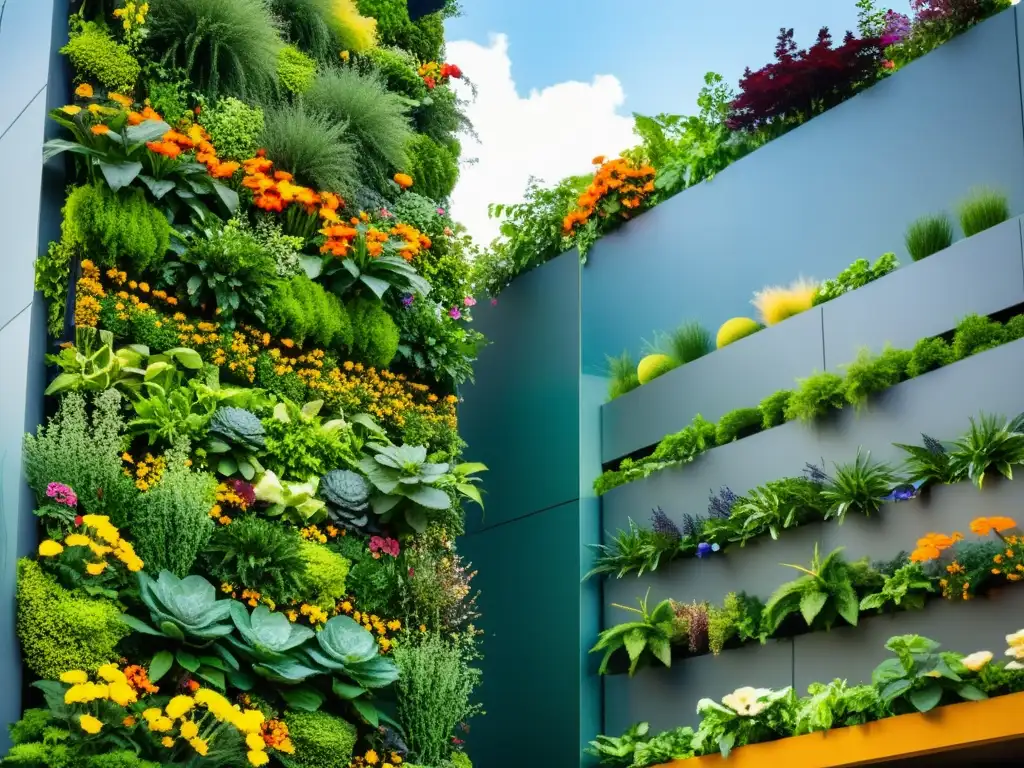 Un jardín vertical exuberante y moderno con una variedad de flores, frutas y verduras, contrastando con la arquitectura urbana