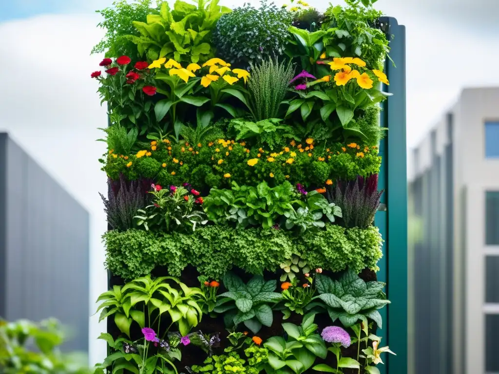 Un jardín vertical exuberante muestra el ciclo sostenible del compostaje en huertos verticales, con plantas vibrantes y flores coloridas