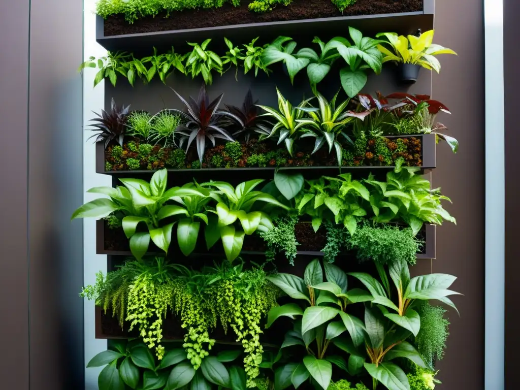 Un jardín vertical exuberante con niveles de plantas enriquecidas en compost, resaltando su belleza natural