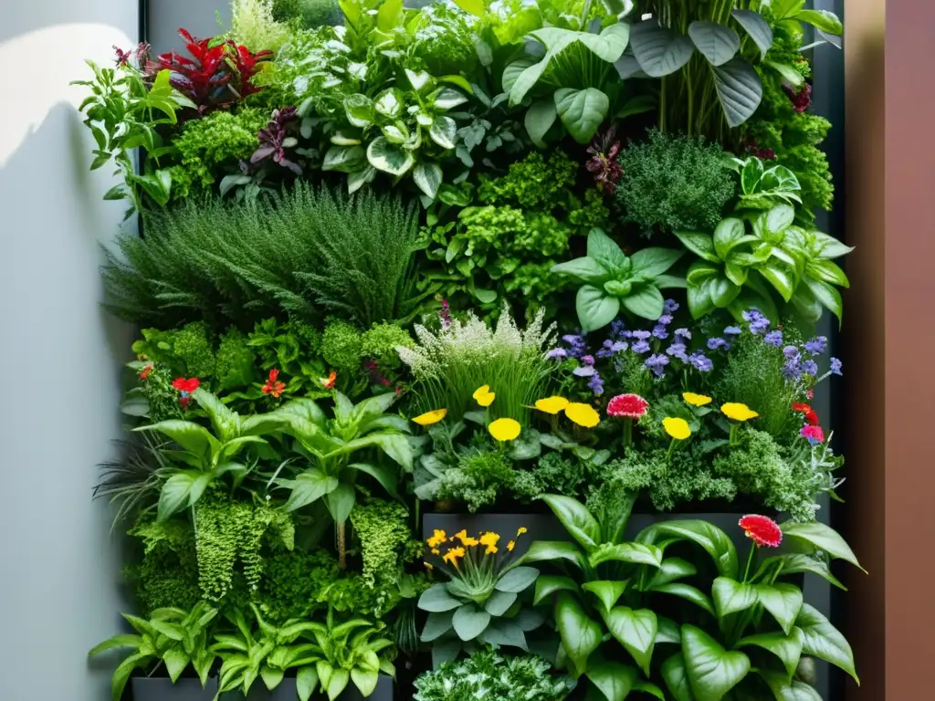 Un jardín vertical exuberante y organizado con hierbas, verduras y flores