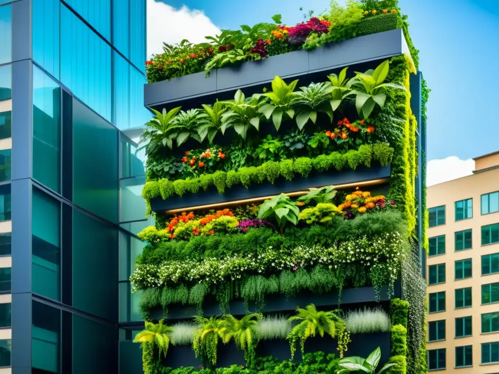 Un jardín vertical exuberante embellece el paisaje urbano, mostrando los beneficios de huertos verticales en espacios públicos