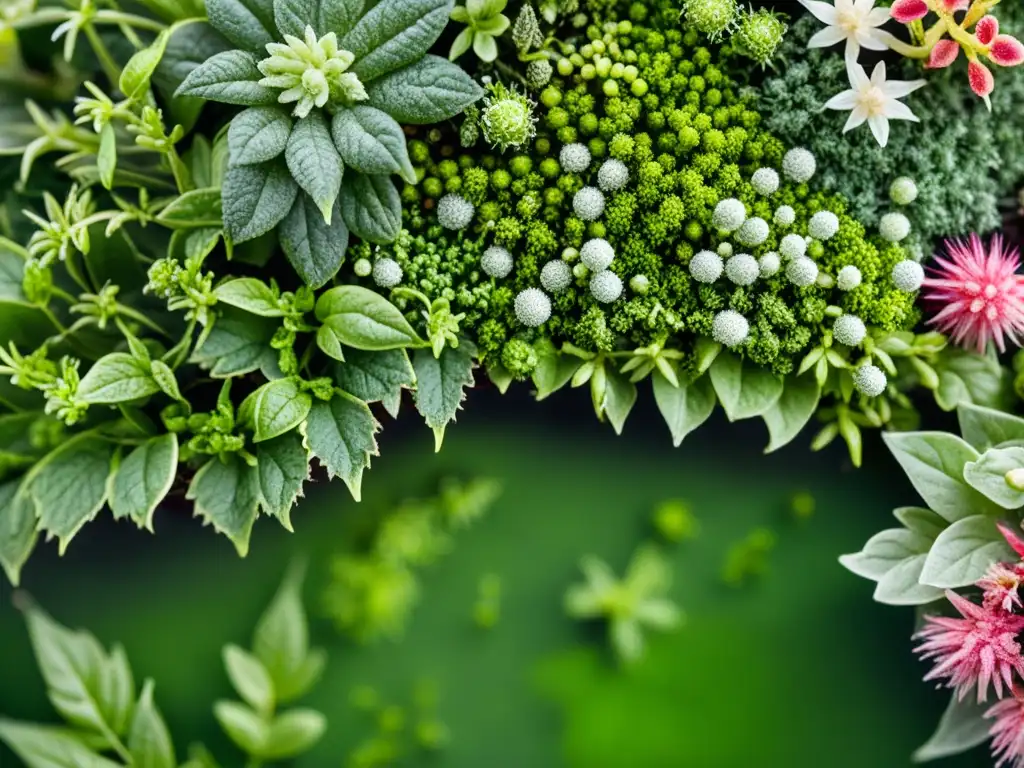 Un jardín vertical exuberante muestra plagas y enfermedades comunes, ilustrando los desafíos del control natural en huertos verticales