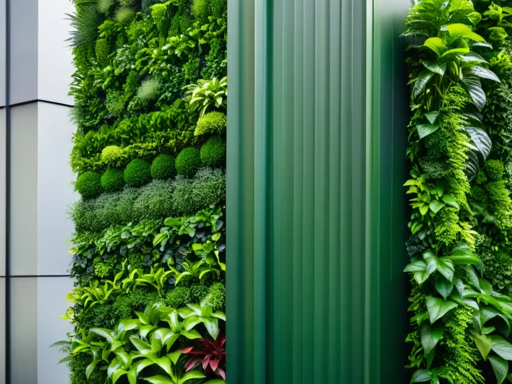 Un jardín vertical exuberante y sin plagas, con variedad de plantas, gotas de agua y diseño moderno, crea una escena cautivadora