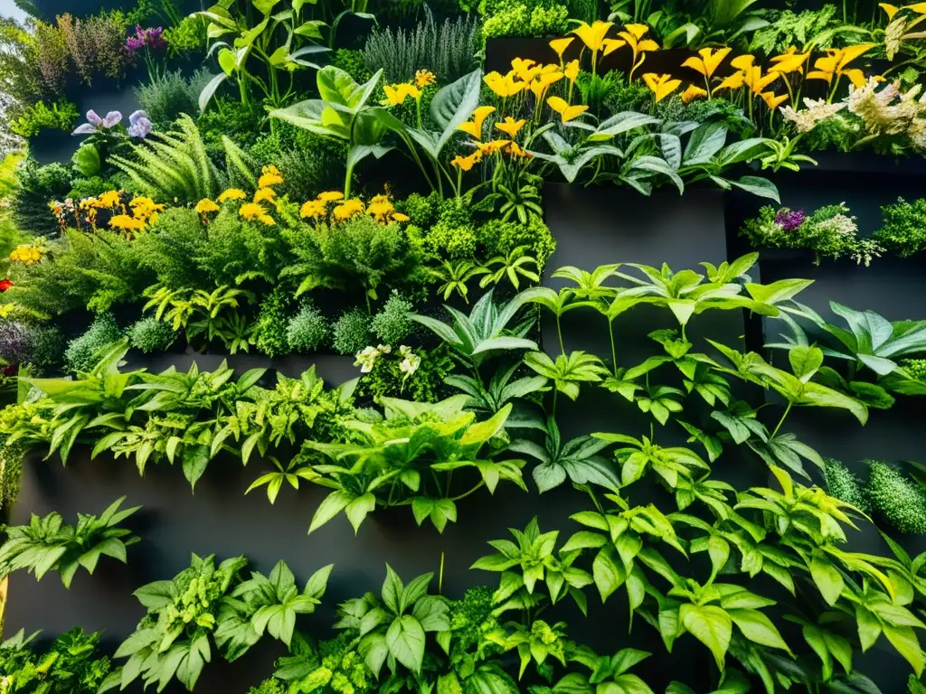 Un jardín vertical exuberante, con plantas verdes y flores, bañado por la luz del sol