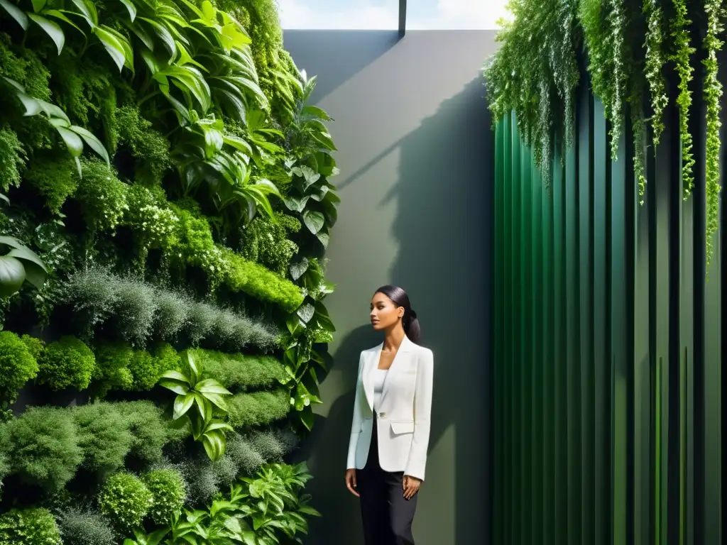 Un jardín vertical exuberante con plantas verdes vibrantes en una estructura moderna, prevención mildiu oidio huertos verticales