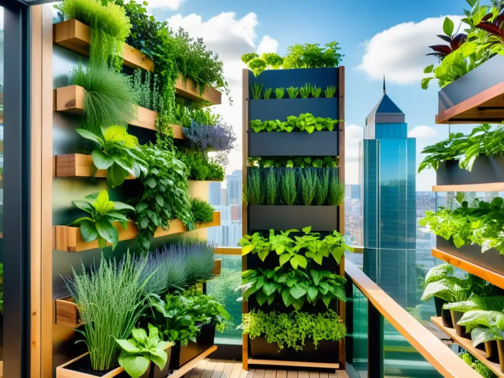 Un jardín vertical exuberante con plantas verdes en un entorno urbano moderno