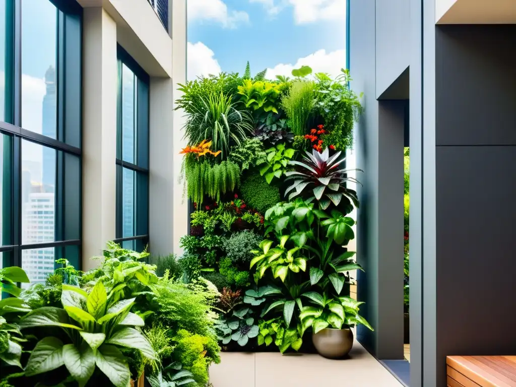 Un jardín vertical exuberante con plantas verdes vibrantes, destacando la planificación huerto vertical urbano en un entorno urbano moderno