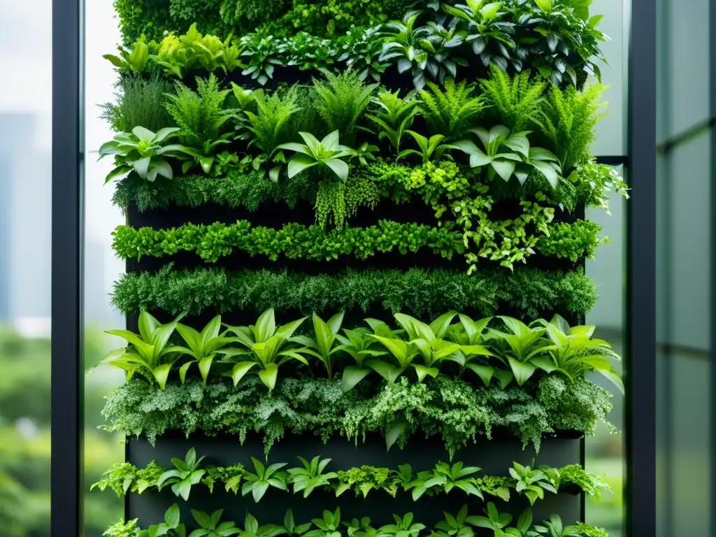 Un jardín vertical exuberante con plantas verdes vibrantes, que muestra la belleza de las técnicas de fermentación lenta en huertos verticales