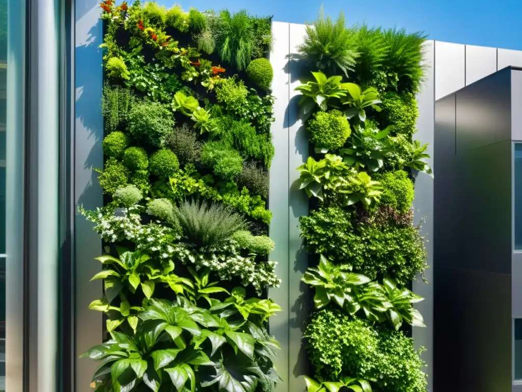 Jardín vertical exuberante con plantas vibrantes y saludables creciendo en un patrón organizado, integrándose perfectamente en el ambiente urbano