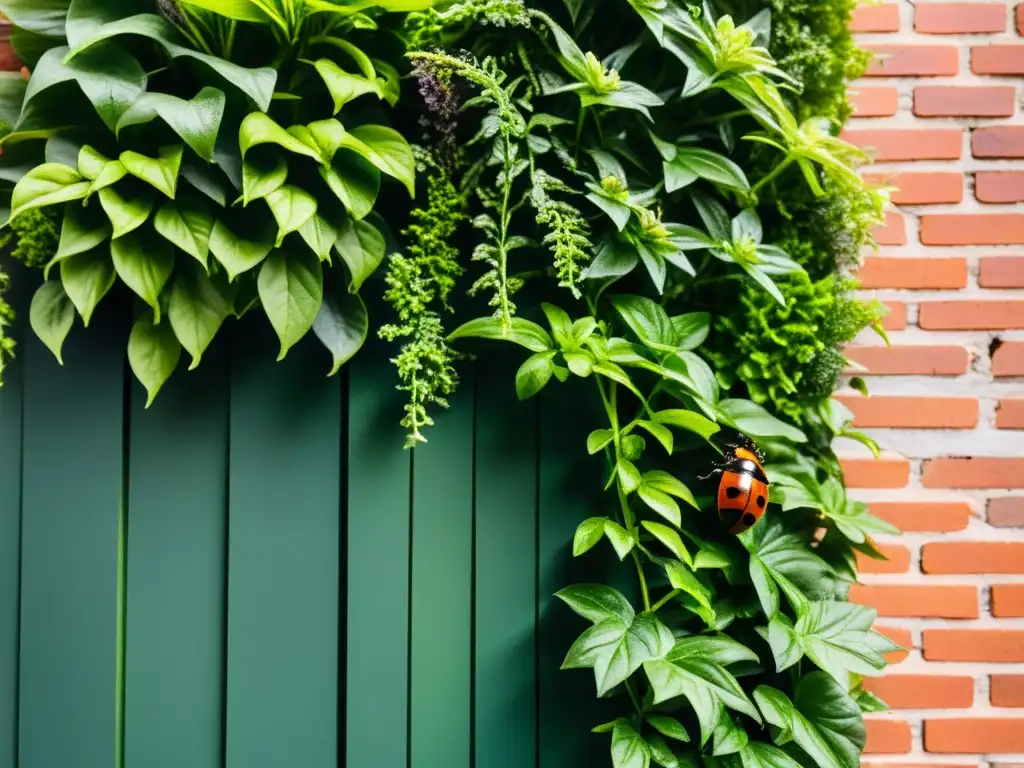 Un jardín vertical exuberante, con plantas vibrantes, luz solar filtrándose entre las hojas, y una armonía natural con insectos