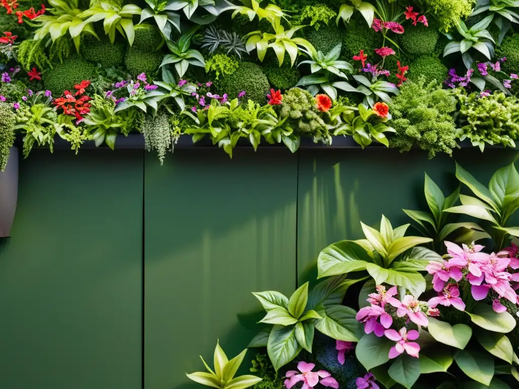 Un jardín vertical exuberante con plantas vibrantes y flores coloridas, bañado por la luz del sol