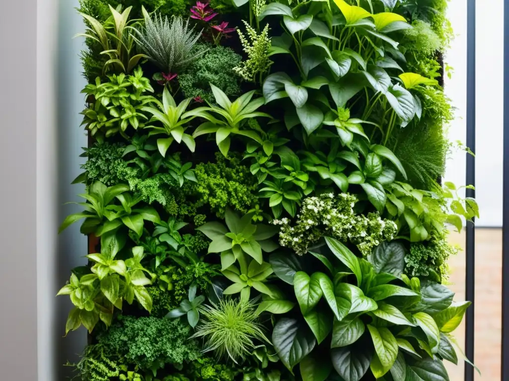 Un jardín vertical exuberante con plantas vibrantes y cuidado meticuloso