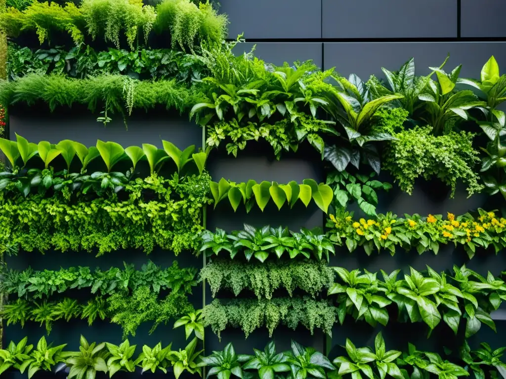 Un jardín vertical exuberante y próspero con una variedad de plantas