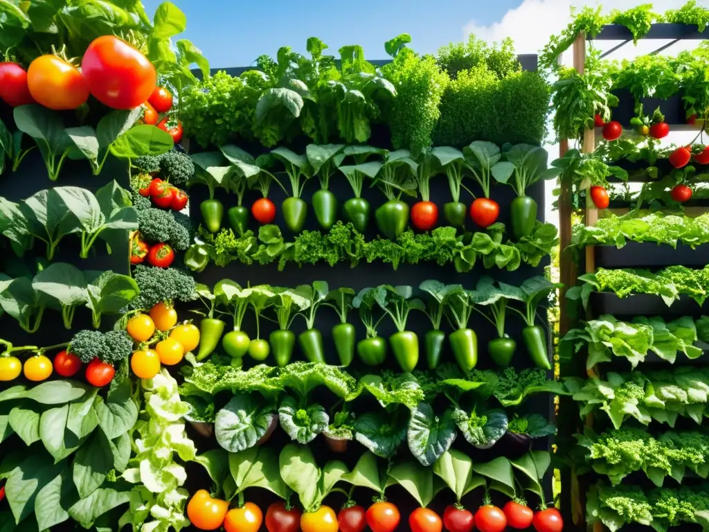 Un jardín vertical exuberante rebosante de productos frescos y vibrantes, irradiando vitalidad y beneficios mentales de cultivar alimentos orgánicos