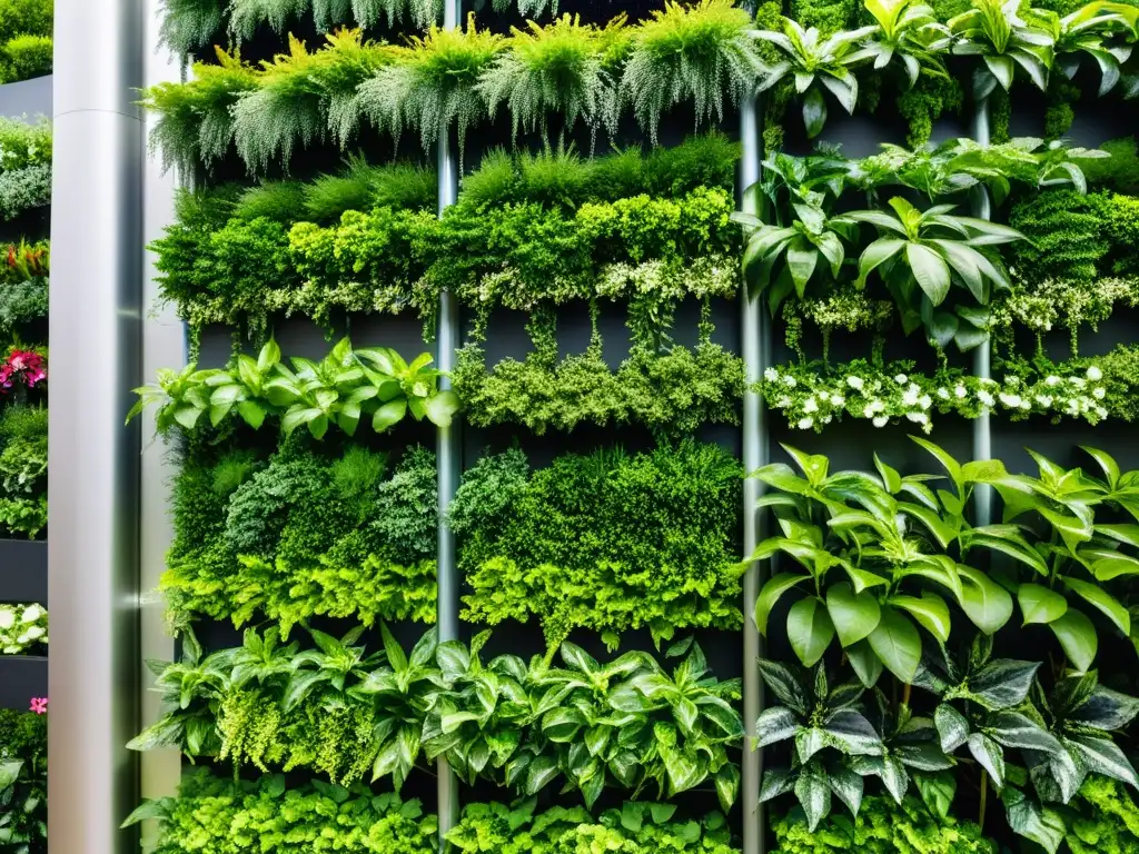 Un jardín vertical exuberante, con una red de plantas, suelo y sistema de riego