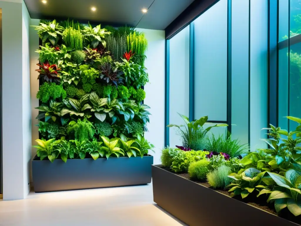 Un jardín vertical exuberante con riego automatizado para huertos verticales, lleno de verduras y hierbas vibrantes y saludables