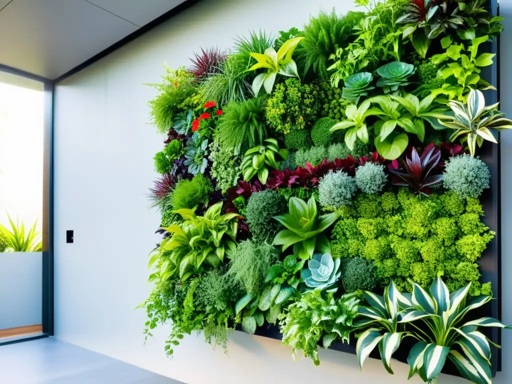 Jardín vertical sostenible con irrigación innovadora Un jardín vertical exuberante con riego sostenible para huertos verticales, muestra la belleza y practicidad de la vegetación en un muro