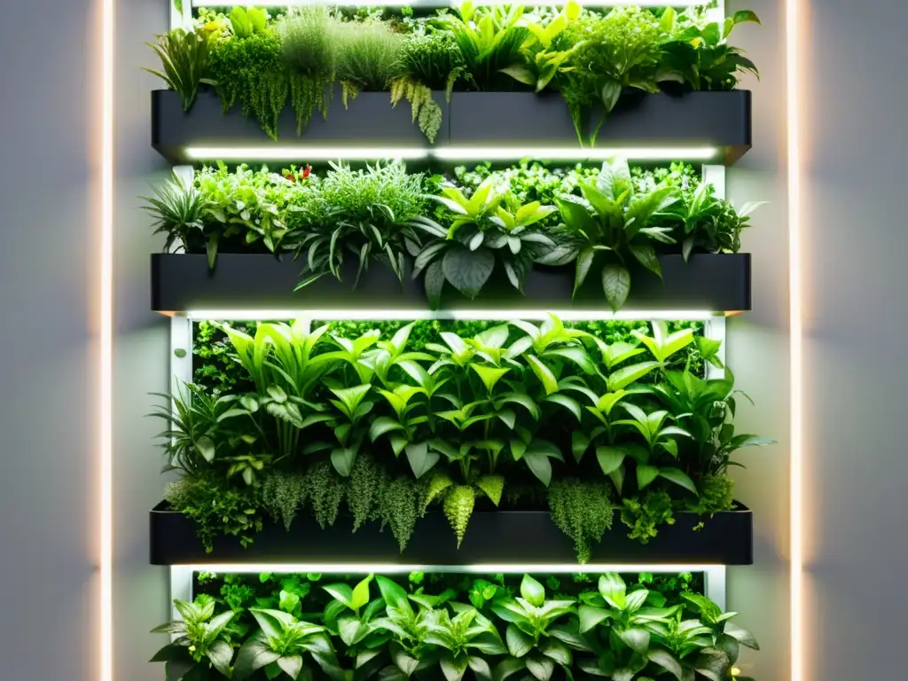 Un jardín vertical exuberante con sensores de luz para huertos verticales, tecnología futurista y un diseño minimalista