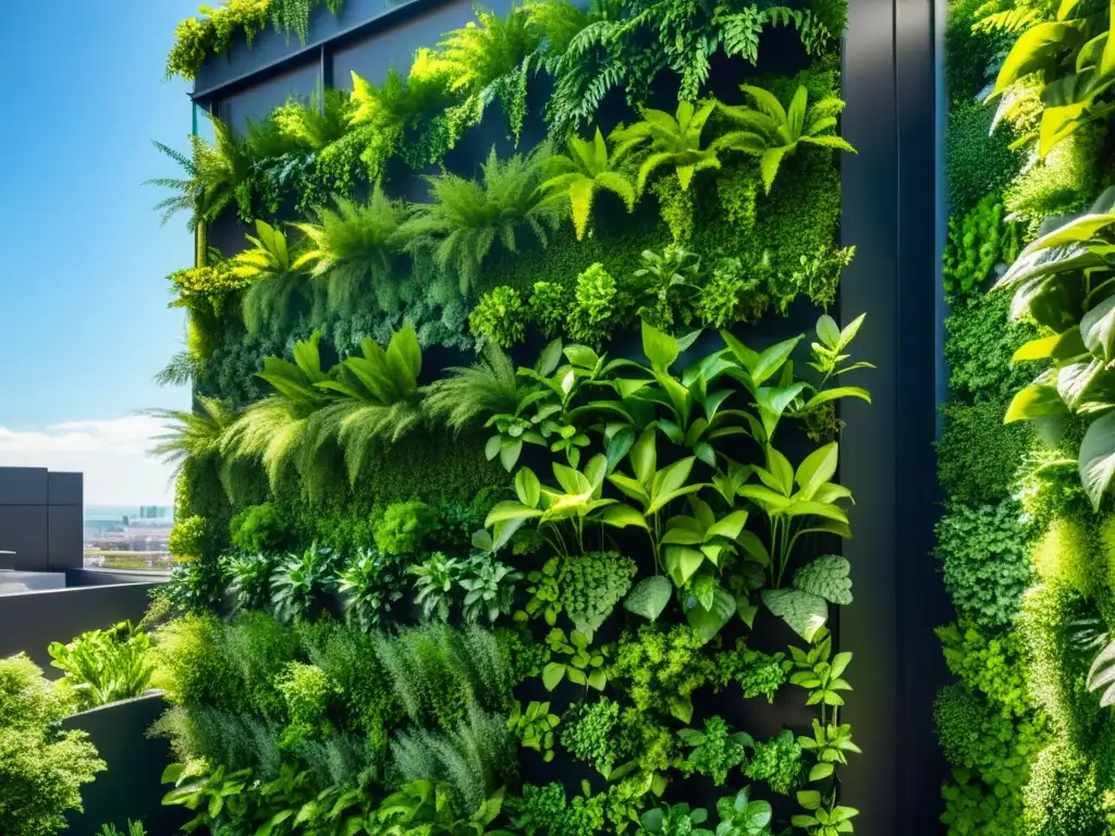 Un jardín vertical exuberante y sostenible en un edificio moderno, capturando la armonía entre naturaleza y arquitectura urbana