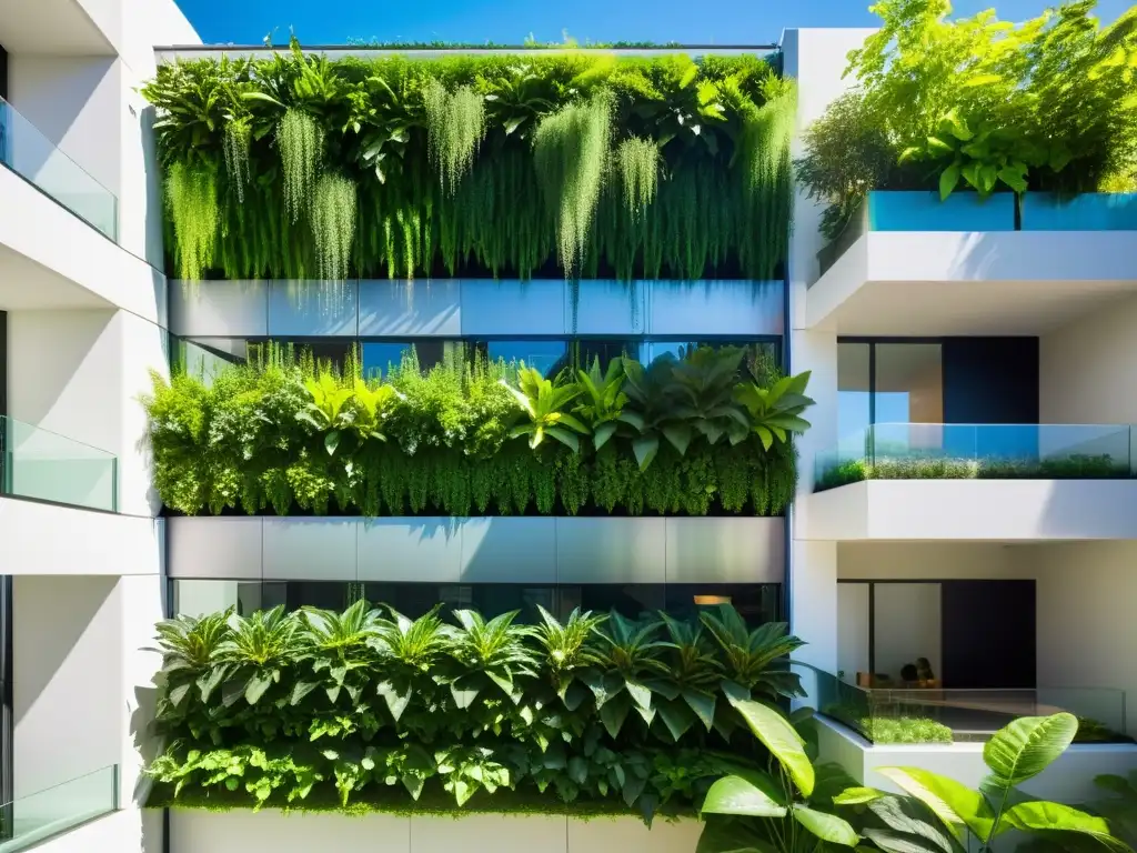 Un jardín vertical exuberante y sostenible con plantas verdes vibrantes que recicla agua, creando un hermoso oasis urbano