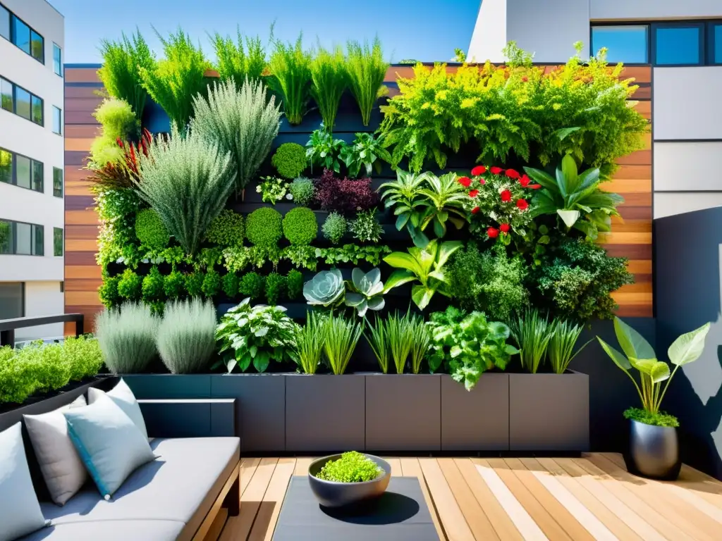 Un jardín vertical exuberante en una terraza moderna