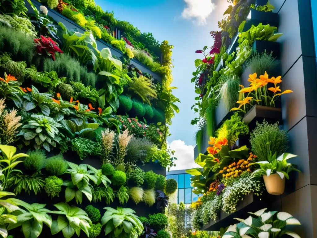 Un jardín vertical exuberante con una variedad de vegetales, hierbas y flores, muestra el potencial de la permacultura en huertos urbanos verticales