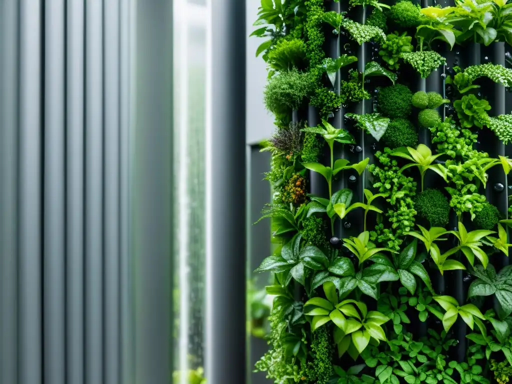 Un jardín vertical con exuberante vegetación, gotas de agua en las hojas y suelo