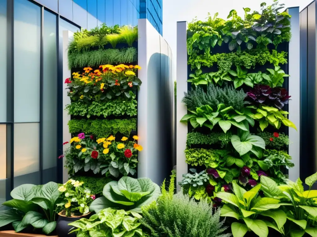 Un jardín vertical exuberante con vegetación variada y flores vibrantes, contrastando con la arquitectura urbana